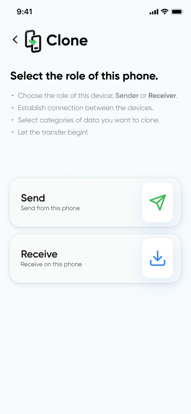 Clone feature screen asking the user to select whether they want to “Send” or “Receive” data.